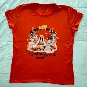 Orange Nativity Graphic T-Shirt “The Greatest Gift of All”. Size L